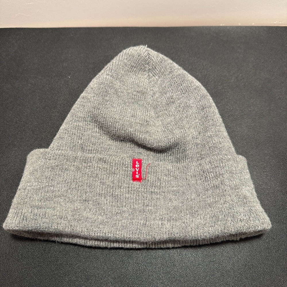 Levis Hat Cap Beanie Gray Knit OSFA 100% Acrylic Winter Logo‎ Vintage Y2K 90s